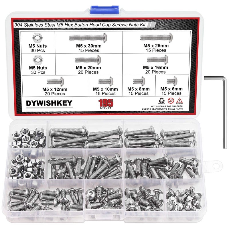 DYWISHKEY 195 Pieces M5 x 6mm/8mm/10mm /12mm/16mm/20mm/25mm/30mm Stainless Steel 304 Hex Button Head Cap Bolts and Nuts Kit - Image 1